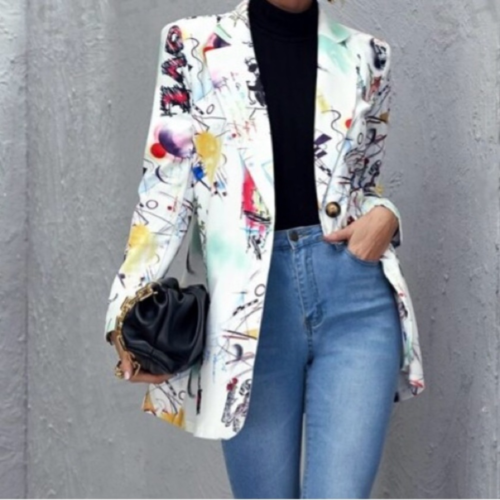 Collar Single Button Pop Art Print Blazer